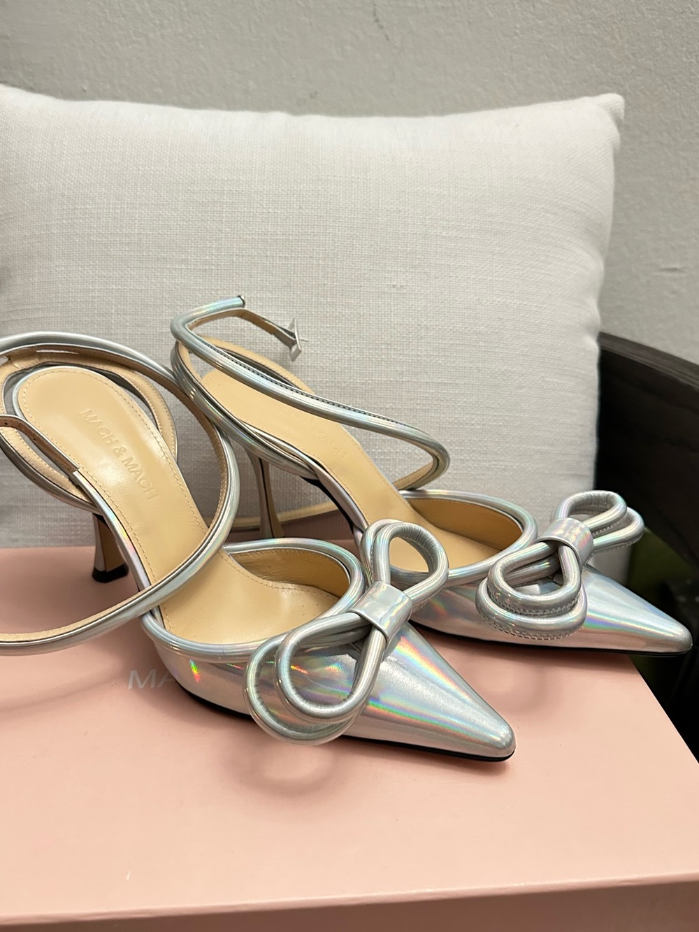 MACH & MACH Iridescent Silver Pointed-Toe Slingback Heels with Bow